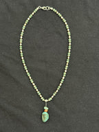 Full view of 15-inch aventurine and white pearl choker with copper spacers and turquoise pendant