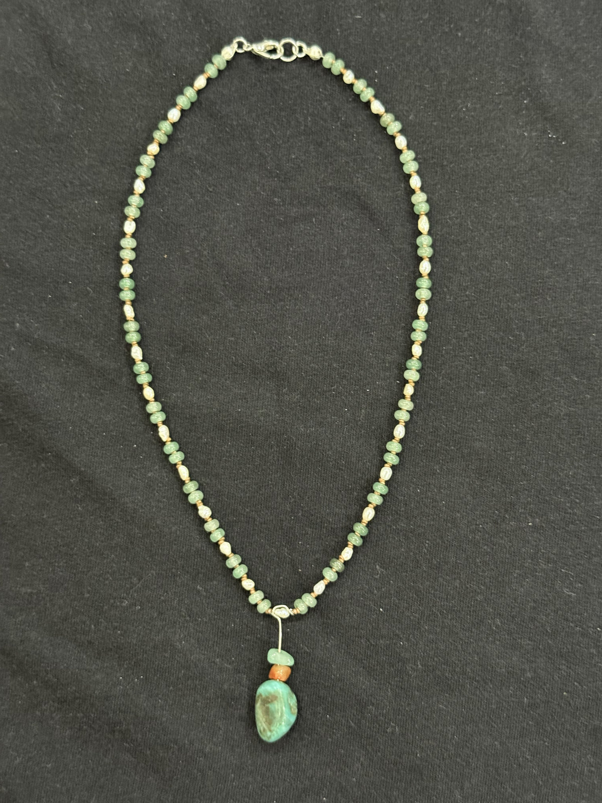 Full view of 15-inch aventurine and white pearl choker with copper spacers and turquoise pendant
