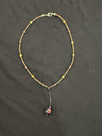 Full view of copper and mookaite choker with purple tiger’s eye bead on a leather drop