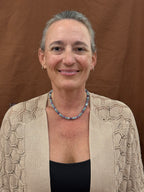Aquamarine and purple chalcedony beaded necklace shown worn