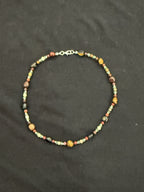 Full view of 15-inch tiger’s eye, aventurine and mookaite choker with silver accent beads