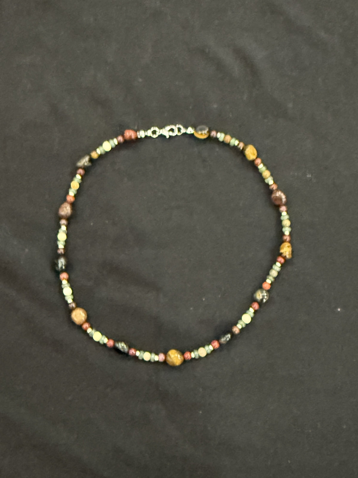 Full view of 15-inch tiger’s eye, aventurine and mookaite choker with silver accent beads