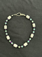 Full view of white howlite, amethyst, amazonite and purple tiger’s eye choker