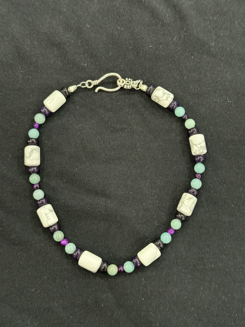 Full view of white howlite, amethyst, amazonite and purple tiger’s eye choker