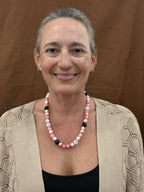 18-inch pink jade, white quartz and onyx necklace shown worn