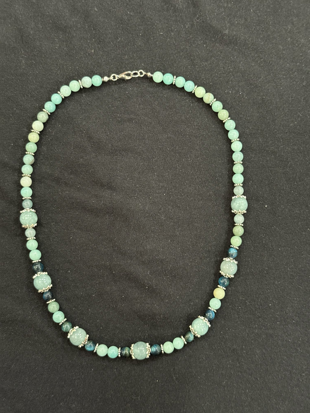 Full view of Burmese jade, amazonite and blue tiger’s eye necklace with silver-plated accents