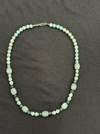 Full view of Burmese jade, amazonite and blue tiger’s eye necklace with silver-plated accents