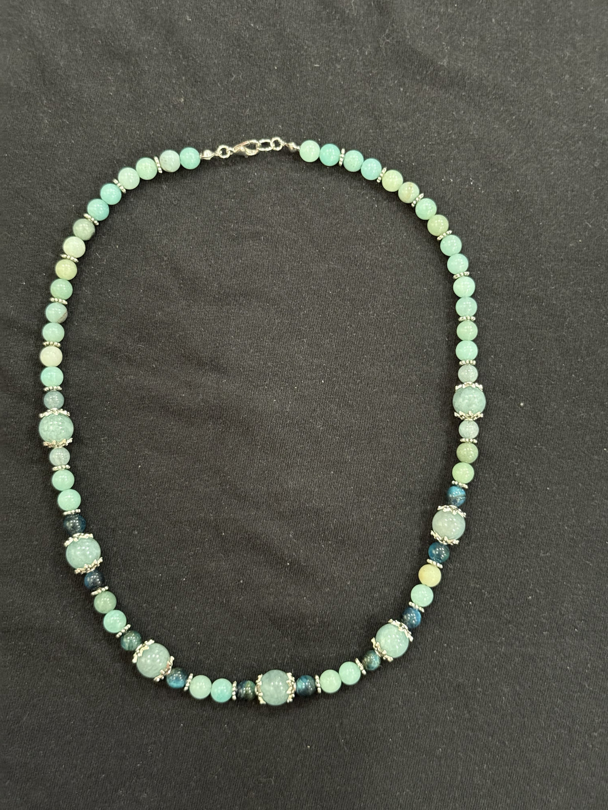 Full view of Burmese jade, amazonite and blue tiger’s eye necklace with silver-plated accents